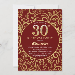 30e verjaardag Bourgogne Red en Gold Floral Patter Kaart