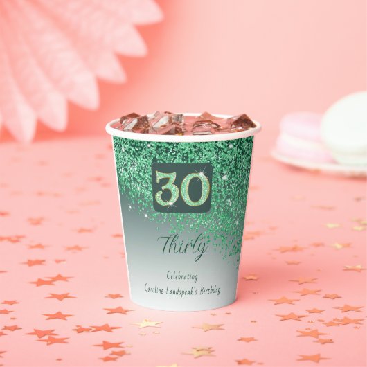 30e verjaardag Classy Falling Green Glitter Papieren Bekers (Insitu)