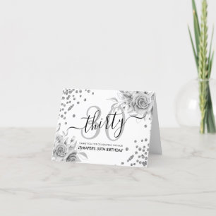 30e verjaardag dank u zilveren bloemige glitter bedankkaart