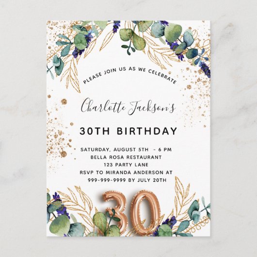 30e verjaardag eucalyptus greenery glitter elegant uitnodiging briefkaart (Voorkant)
