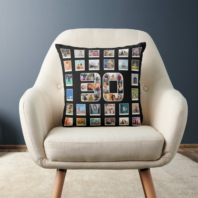 30e verjaardag Familie Foto Herinneringen Collage Kussen (30th birthday throw pillow on a chair)