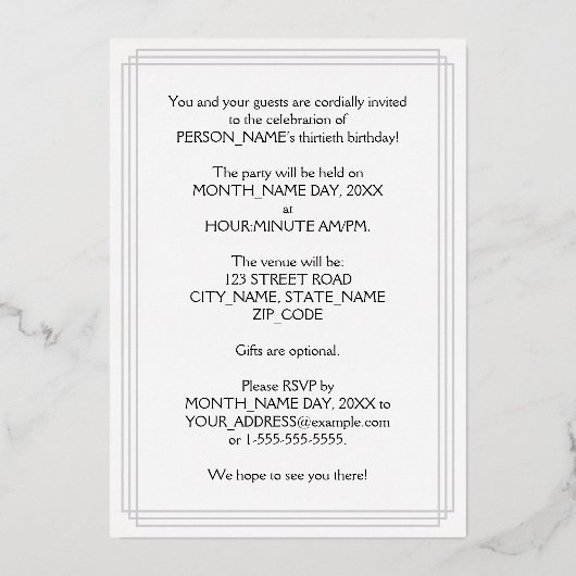 30e verjaardag — Fancy script en aangepaste naam Folie Uitnodiging (Achterkant)