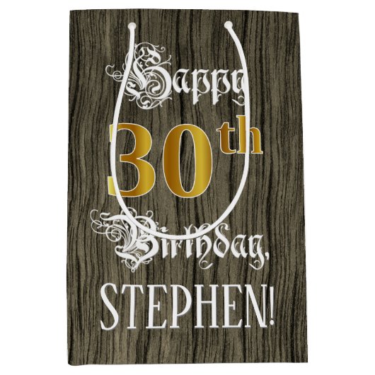 30e verjaardag: Faux Gold look & Faux Wood Pattern Medium Cadeauzakje (Voorkant)