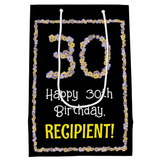 30e verjaardag: Floral Flowers Number, Custom Name Medium Cadeauzakje (Achterkant)