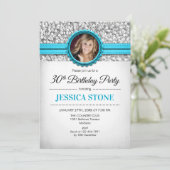 30e verjaardag foto - zilver wit aqua blauw kaart (Staand voorkant)