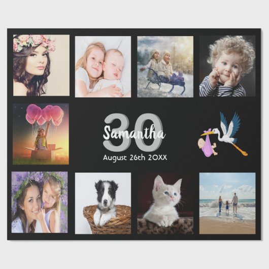 30e verjaardag fotocollage zwarte vrouw zwart cadeaupapier (Vlak)