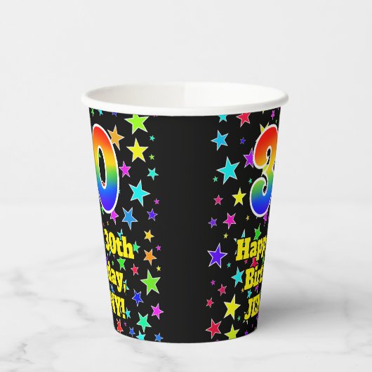 30e verjaardag: Fun Stars Pattern en Rainbow 30 Papieren Bekers (Links)