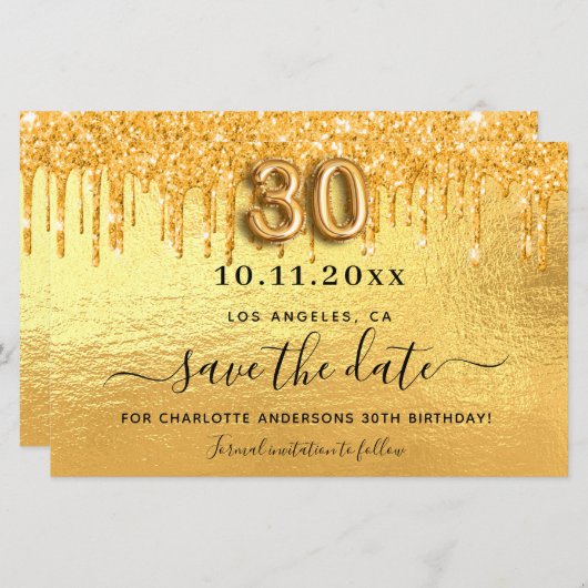 30e verjaardag Gouden glitter Bewaar de datumkaart (Voorkant / Achterkant)
