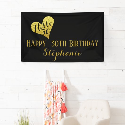 30e verjaardag Hallo 30 zwart en Faux Gold Heart Spandoek (Insitu)