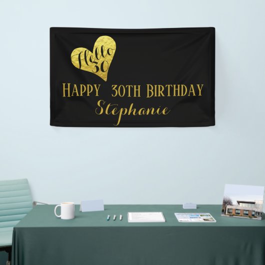30e verjaardag Hallo 30 zwart en Faux Gold Heart Spandoek (Beurs)