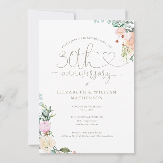 30e verjaardag Hart Script Bloem Foto Kaart (Voorkant)