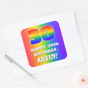 30e verjaardag: kleurrijk, vun regenboogpatroon # vierkante sticker