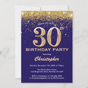 30e verjaardag marineblauw en goudglitter-Confetti Kaart