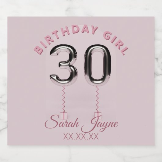 30e verjaardag Meisje Blush Roze Zilver 30 Ballon Sparkling Wijnetiket (Enkel label)