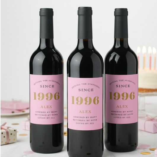 30e Verjaardag Naam 1996 Roze Goud Elegant Chic Wijn Etiket