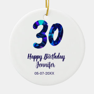 30e verjaardag naam datum jaar blauwe glans keramisch ornament