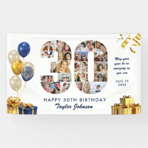 30e verjaardag Nummer 30 Fotocollage Wit Goud Spandoek