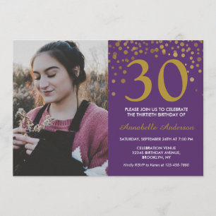 30e verjaardag Paarse gouden Confetti Foto Modern Kaart