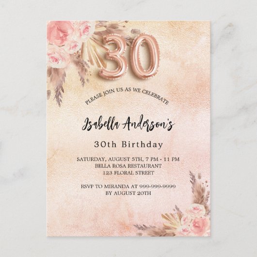 30e verjaardag pampas gras roos goudbloemen uitnodiging briefkaart (Voorkant)