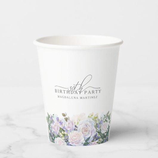 30e Verjaardag Party Blauw Wit Bloemen Custom Papieren Bekers (Voorkant)