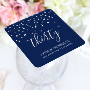 30e Verjaardag Party Navy Blue Silver Confetti Vierkante Kartonnen Onderzetter