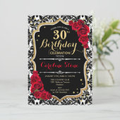 30e verjaardag - Red Roses Gold Black Damask Kaart (Staand voorkant)