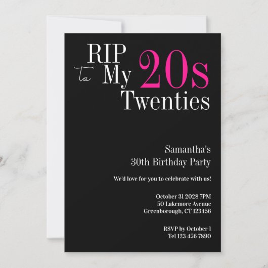 30e verjaardag RIP 20s Party Zwart en Roze Kaart (Voorkant)