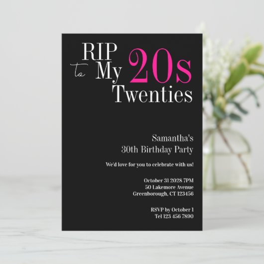 30e verjaardag RIP 20s Party Zwart en Roze Kaart (Staand voorkant)