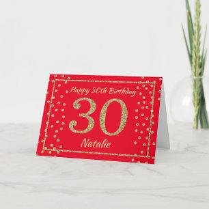 30e verjaardag Rood en Goud Glitter Confetti Kaart