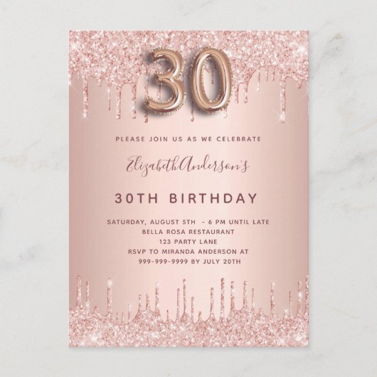 30e verjaardag roos goud glitter roze luxe uitnodiging briefkaart (Voorkant)