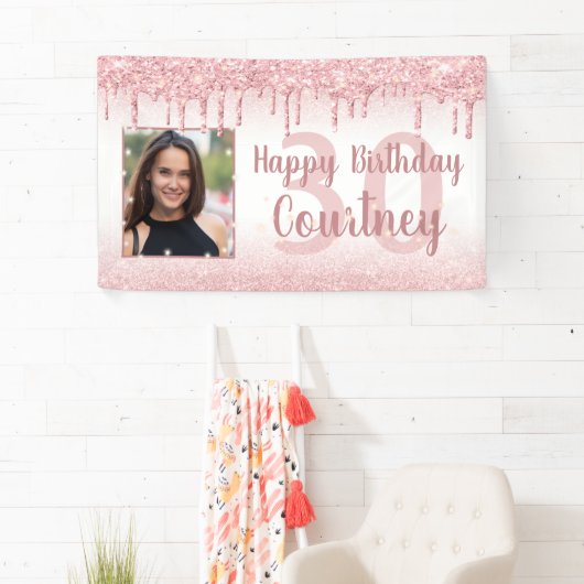 30e Verjaardag Roos Gouden Glitter Drip Sparkle Fo Spandoek (Insitu)