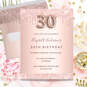 30e verjaardag roos gouden glitter roze uitnodigin briefkaart