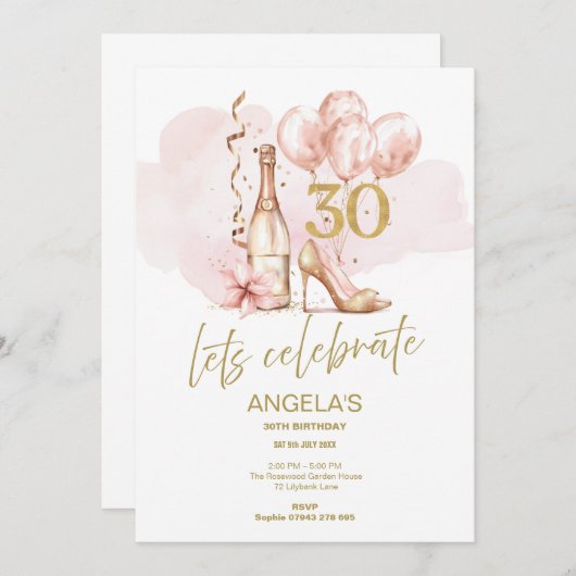 30e Verjaardag Roze en Goud, Champagne & Hakken Kaart (Voorkant / Achterkant)