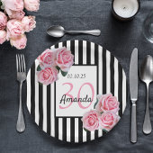 30e verjaardag roze floralen zwarte witte strepen papieren bordje