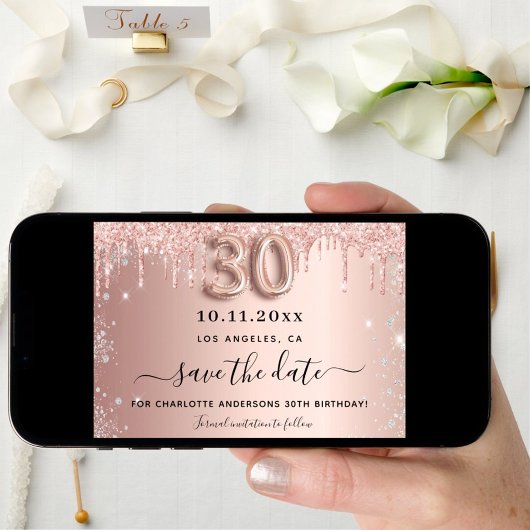 30e verjaardag roze goud zilveren glitterslijten save the date