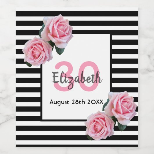 30e verjaardag roze rozen zwarte witte strepen wijn etiket (Enkel label)