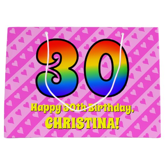 30e verjaardag: roze strepen & harten, regenboog # groot cadeauzakje (Voorkant)