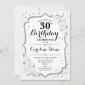 30e verjaardag - Silver White Roses Invitation Kaart (Voorkant)