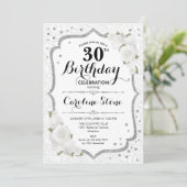30e verjaardag - Silver White Roses Invitation Kaart (Staand voorkant)