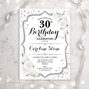 30e verjaardag - Silver White Roses Invitation Kaart