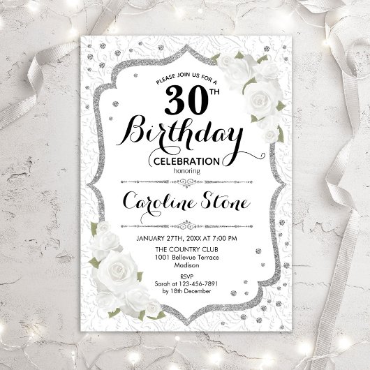 30e verjaardag - Silver White Roses Invitation Kaart