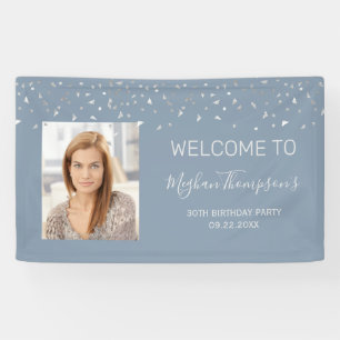 30e verjaardag Stofblauw Zilveren Confetti Welkom Spandoek