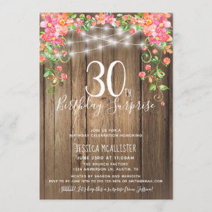 30e verjaardag Surprise Brunch Rustic Floral Wood Kaart