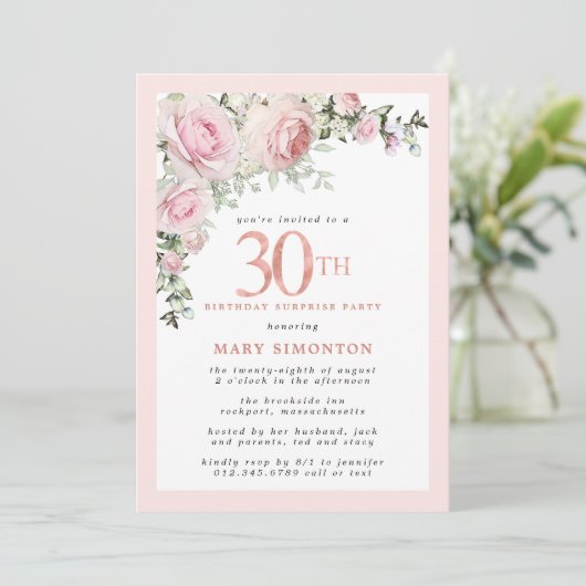 30e Verjaardag Surprise Feest Roze Roos Bloemen Kaart (Staand voorkant)