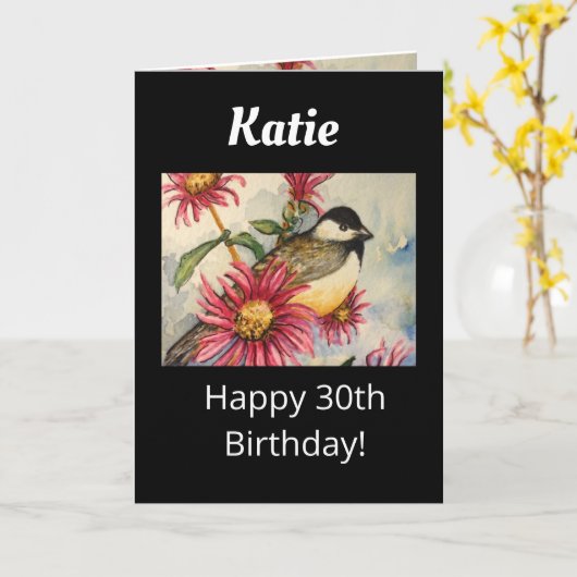 30e verjaardag Sweet Chickadee Waterverf Kaart (Gele Bloem)