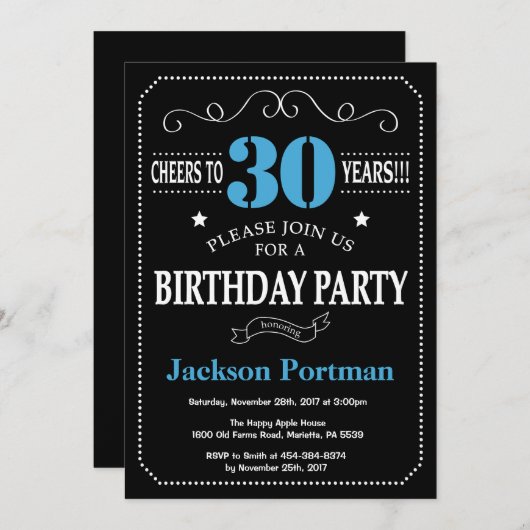 30e verjaardag Uitnodiging blauw en zwart karton (Voorkant / Achterkant)