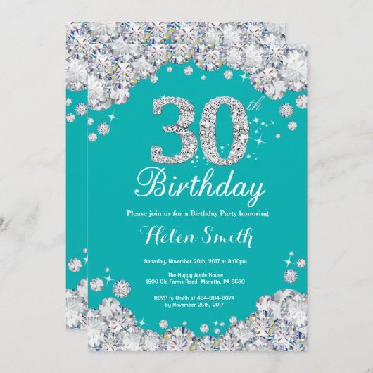 30e verjaardag Uitnodiging Blauwgroen en Zilveren (Voorkant / Achterkant)