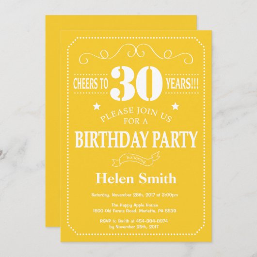 30e verjaardag uitnodiging geel en wit (Voorkant / Achterkant)