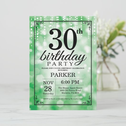 30e verjaardag uitnodiging Green Glitter (Staand voorkant)