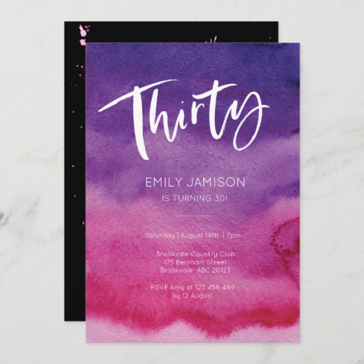 30e verjaardag Uitnodiging Roze Paarse Waterverf (Voorkant / Achterkant)